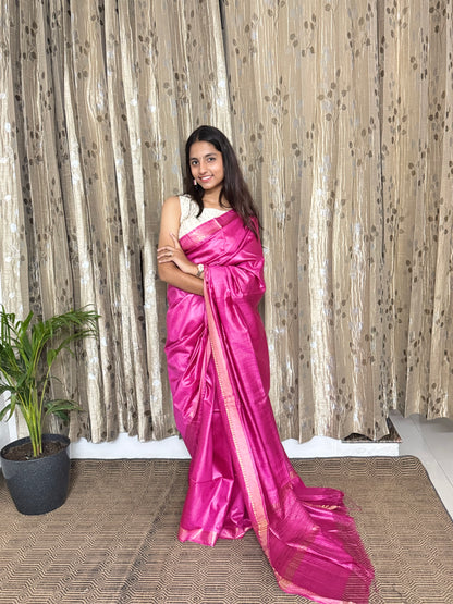 Pink Pure Tussar Moonga Silk Saree