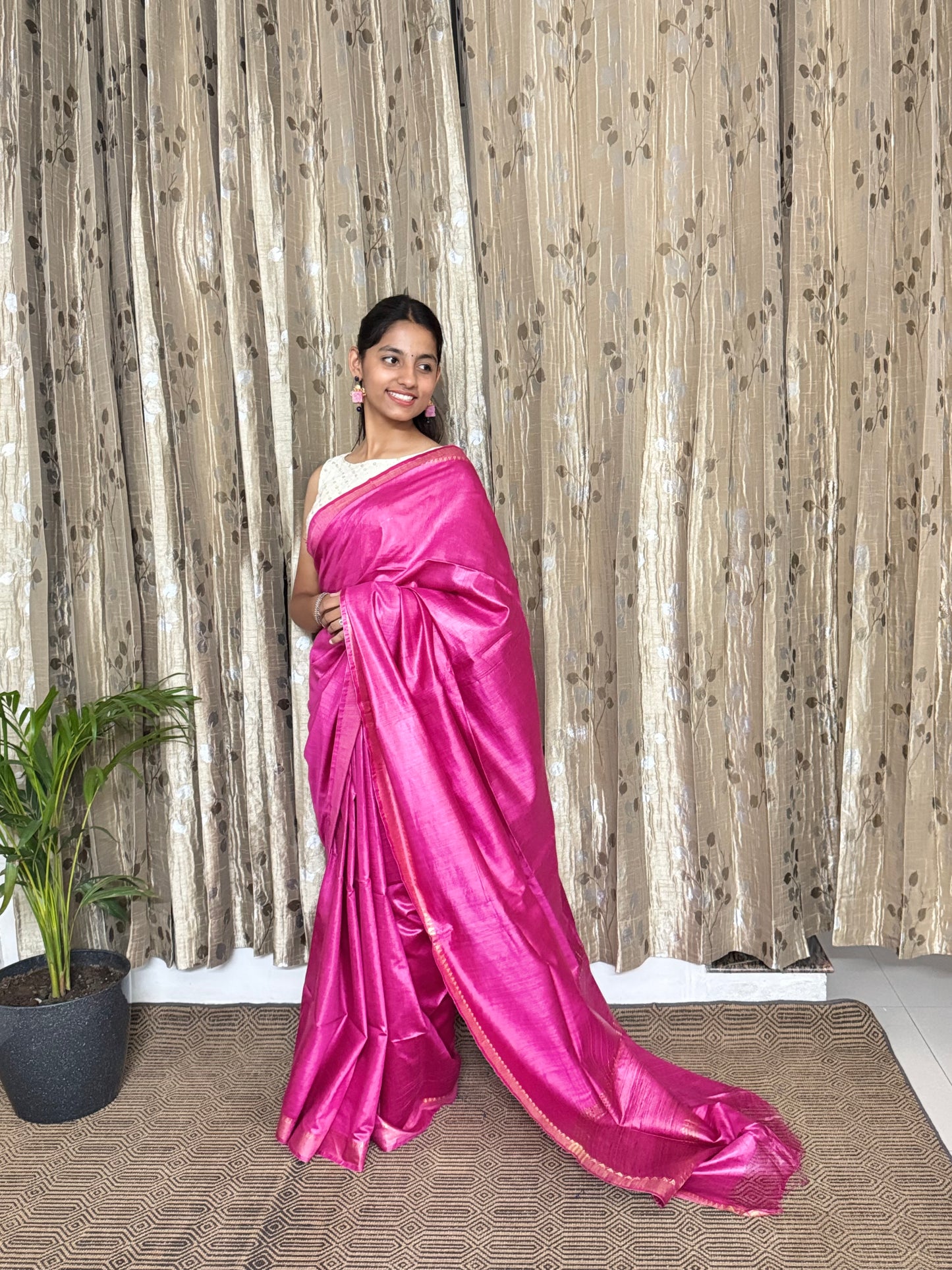 Pink Pure Tussar Moonga Silk Saree