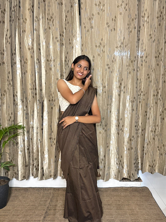 Brown Striped Cotton Saree (width)