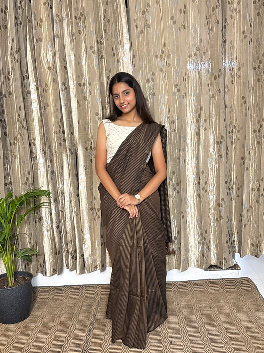 Brown Striped Cotton Saree (width)