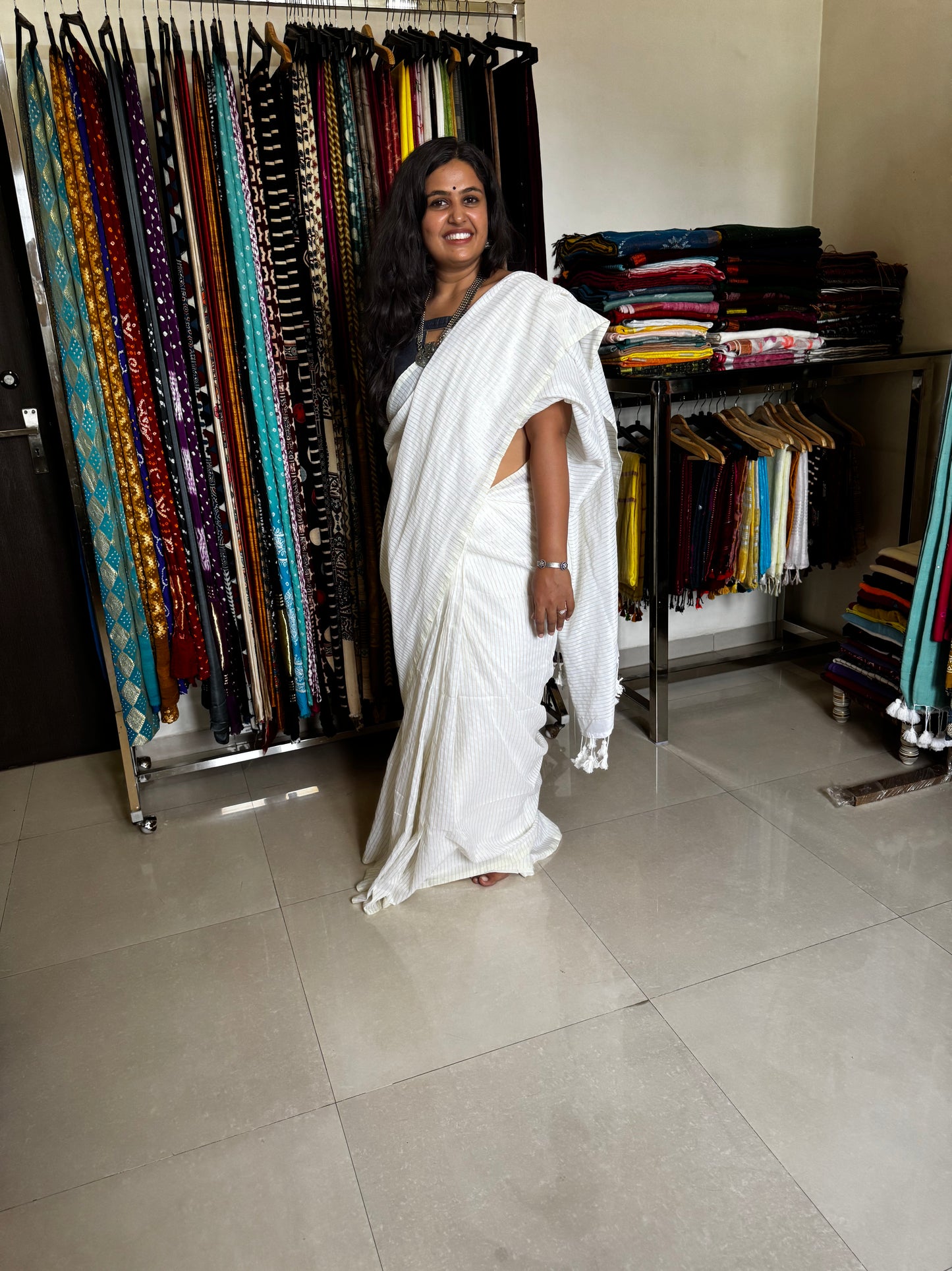 White Striped Cotton Saree