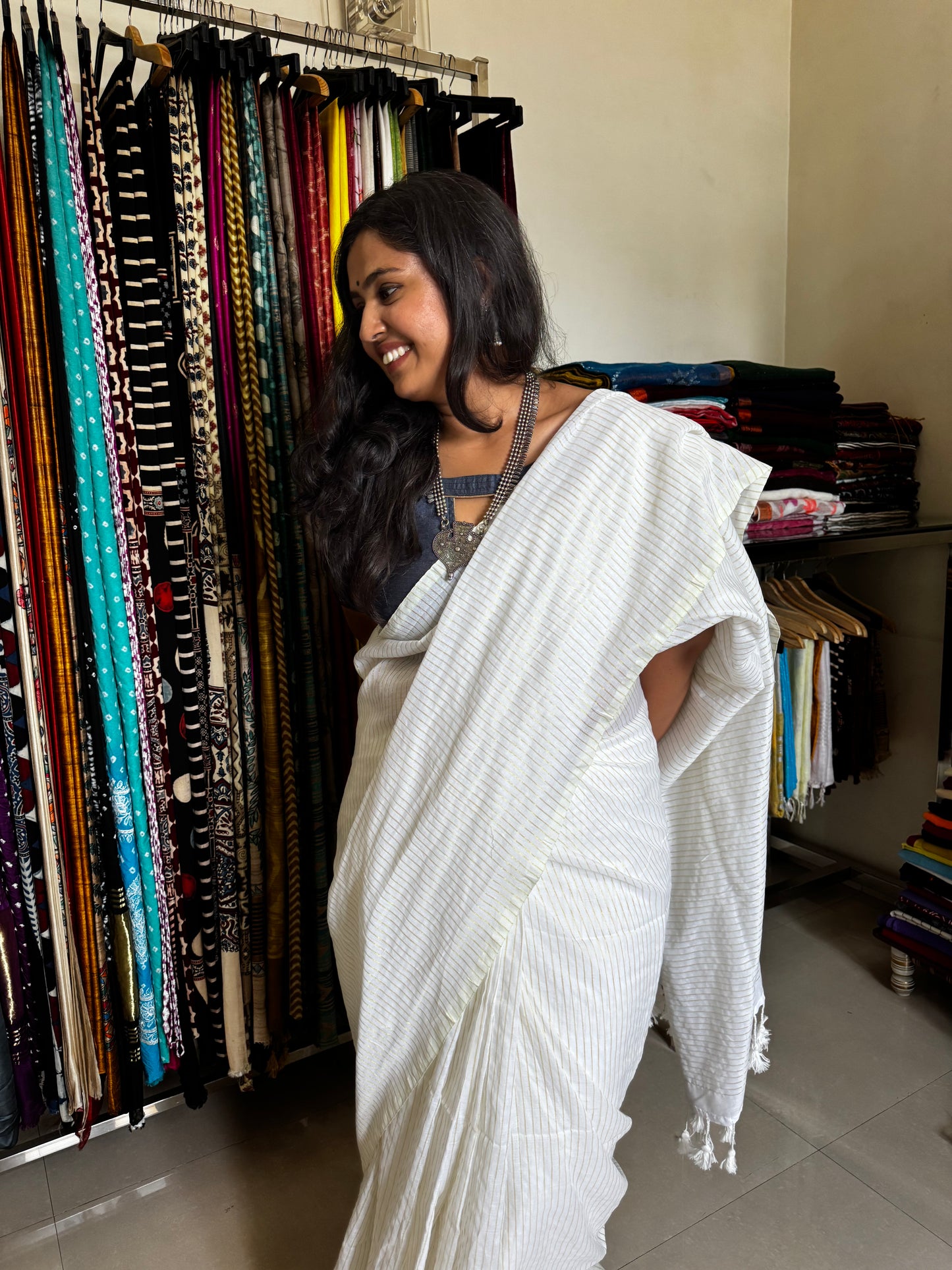 White Striped Cotton Saree