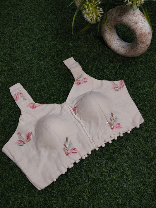 Khadi Cotton Blouse With Pastel Embroidery Work