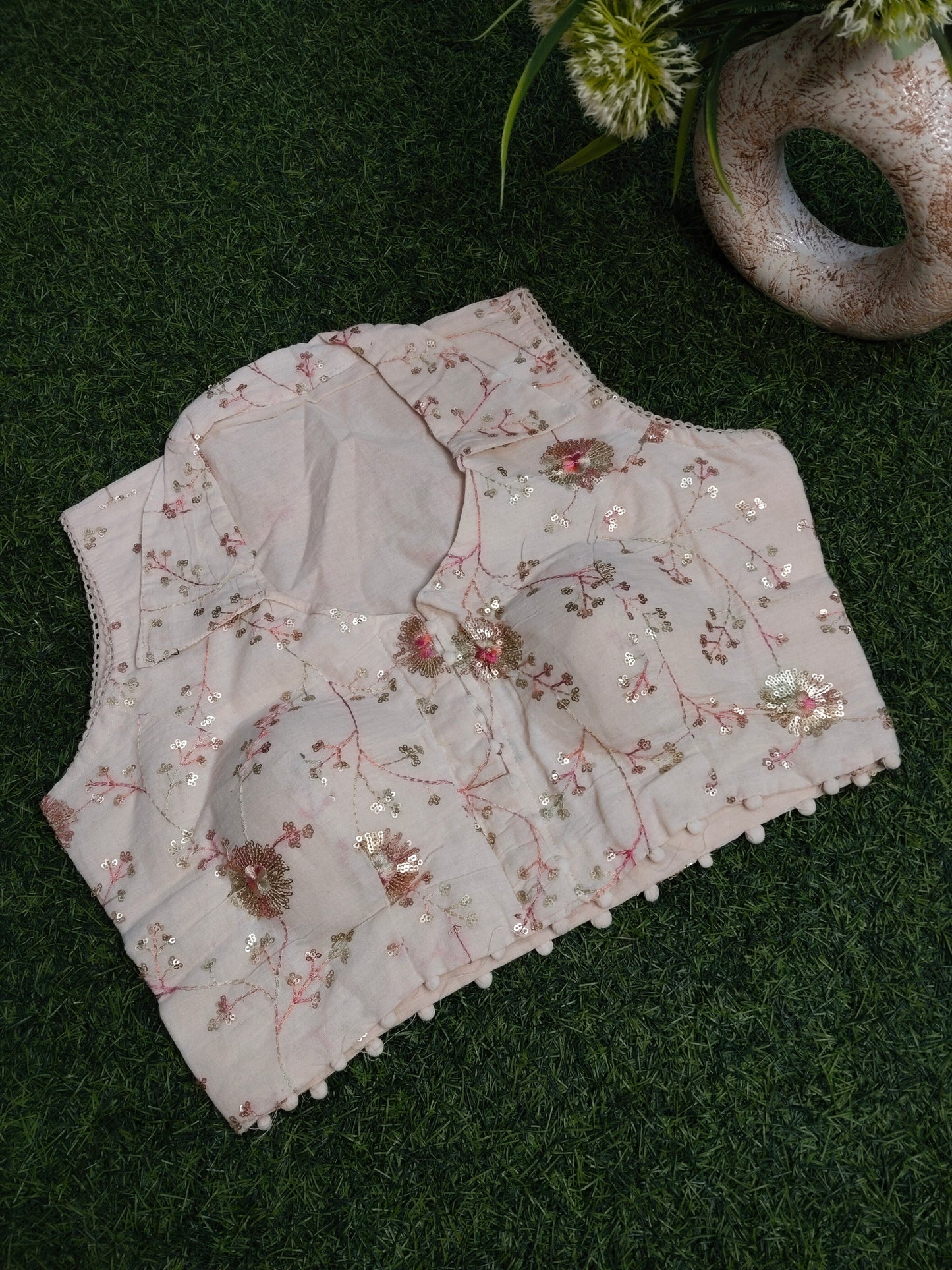 Khadi Cotton Blouse With Pink Embroidery Work With Sequin