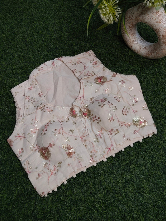 Khadi Cotton Blouse With Pink Embroidery Work With Sequin