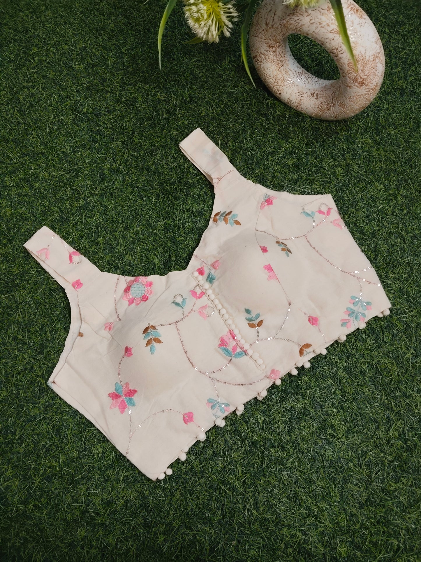 Khadi Cotton Blouse With Pink Embroidery Work