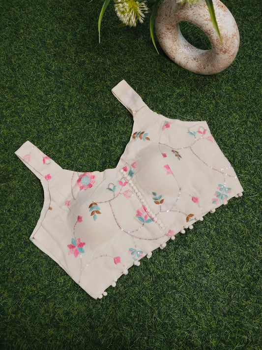 Khadi Cotton Blouse With Pink Embroidery Work