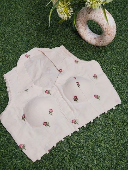 Khadi Cotton Blouse With Pink Embroidery Work