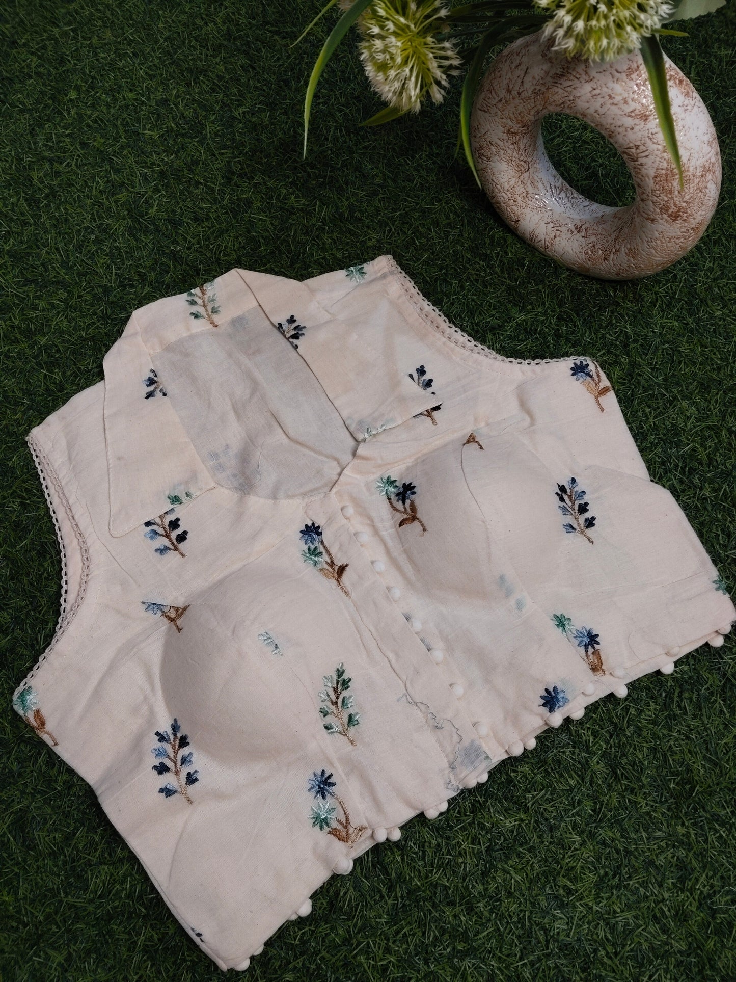 Khadi Cotton Blouse With Blue Embroidery Work