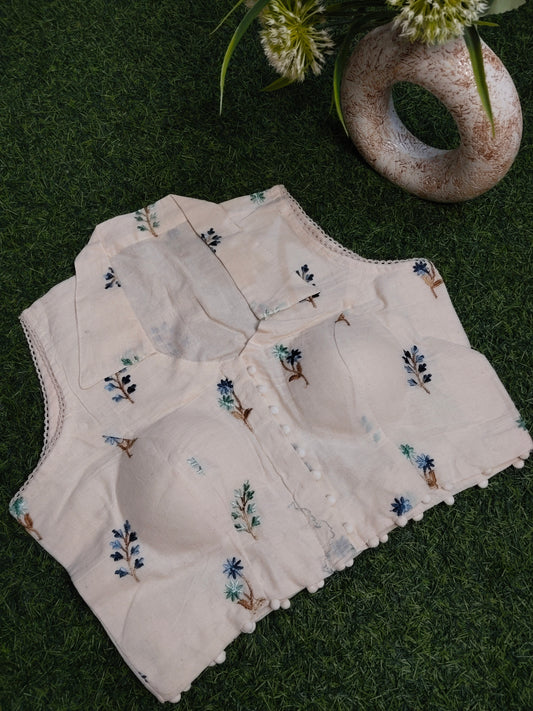 Khadi Cotton Blouse With Blue Embroidery Work