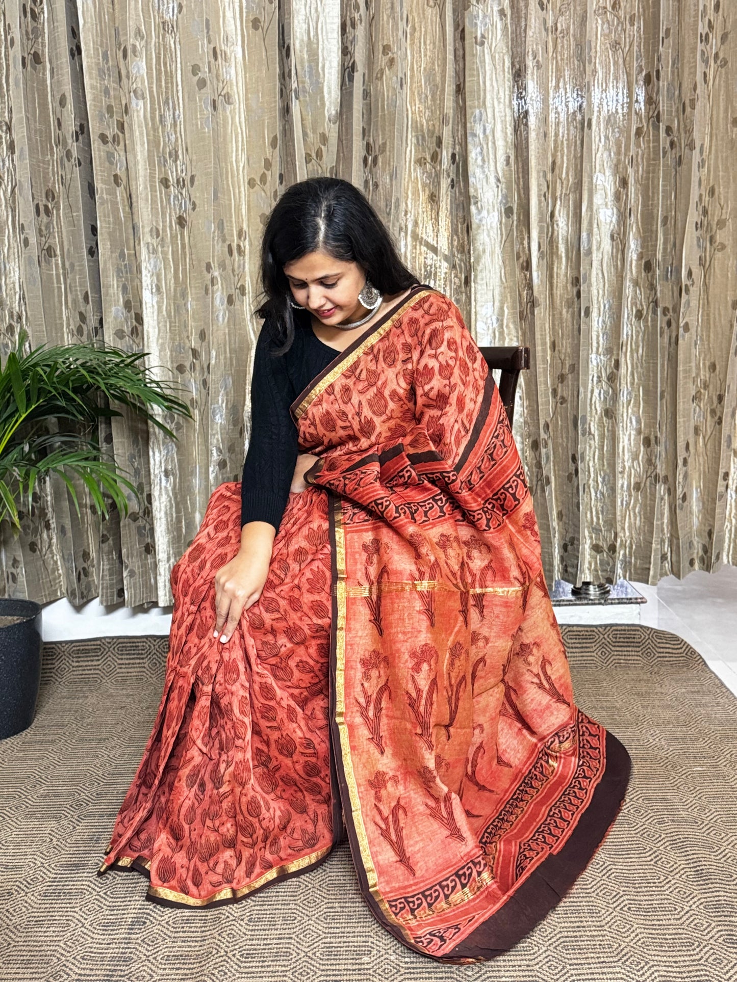 Rust Chanderi Silk Cotton Saree