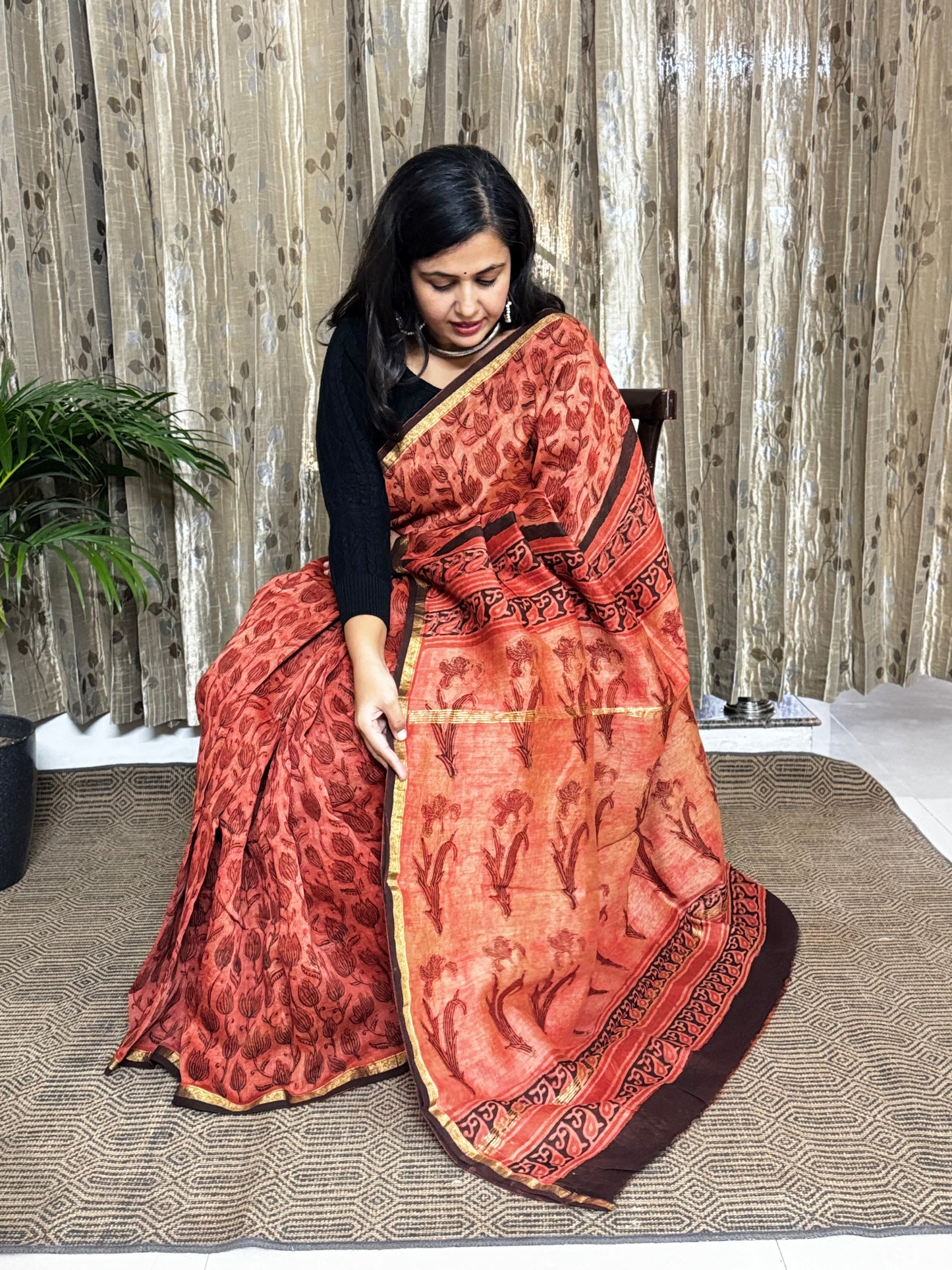 Rust Chanderi Silk Cotton Saree