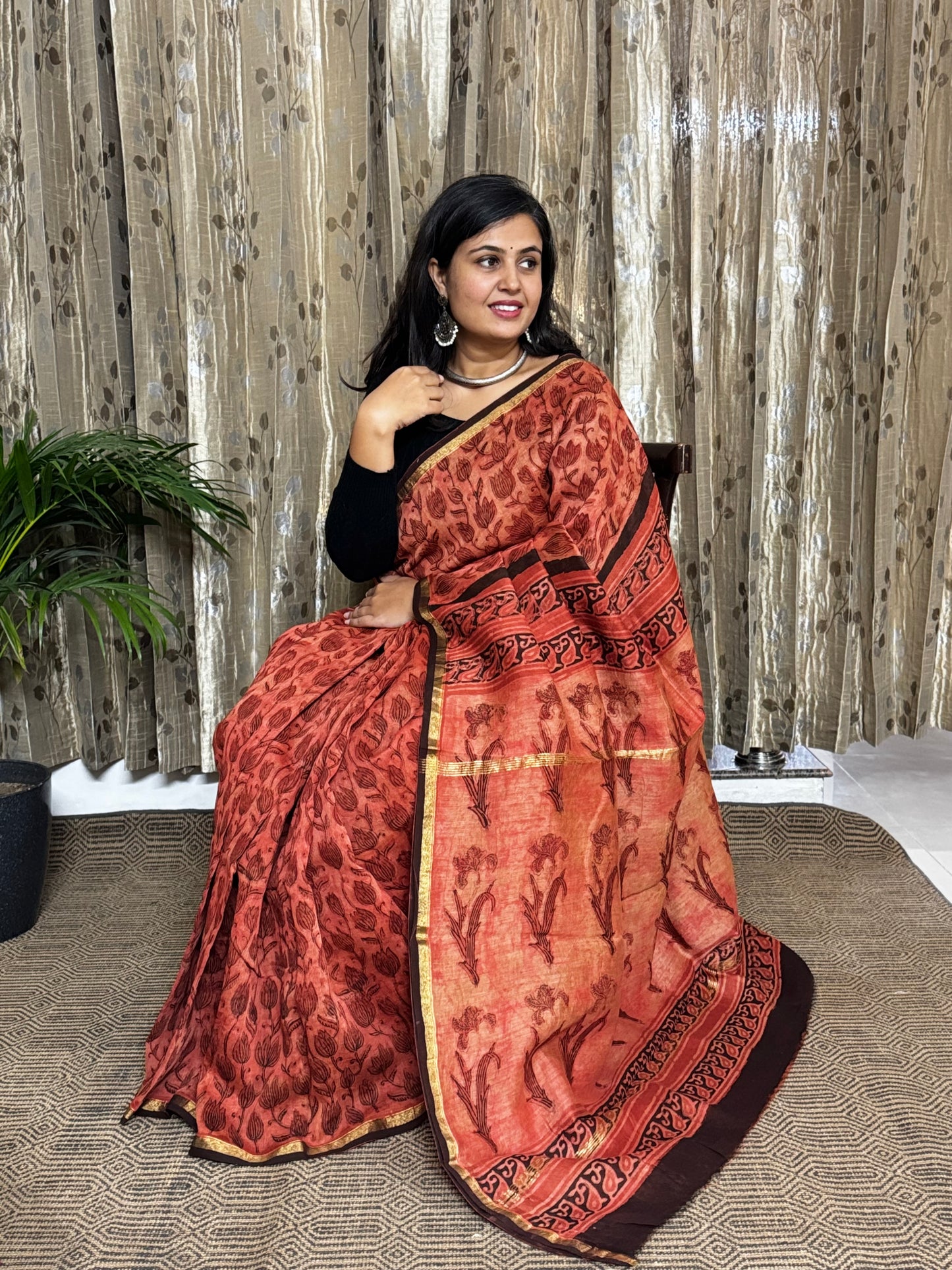 Rust Chanderi Silk Cotton Saree