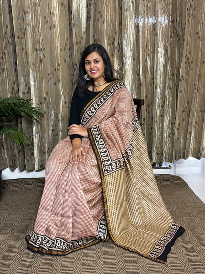 Beige Checked Chanderi Silk Cotton Saree