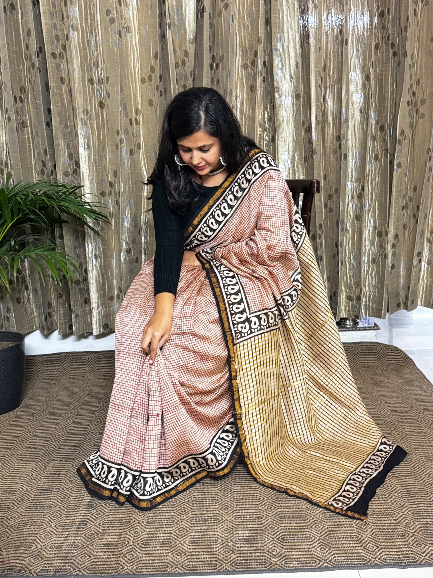Beige Checked Chanderi Silk Cotton Saree
