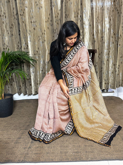 Beige Checked Chanderi Silk Cotton Saree