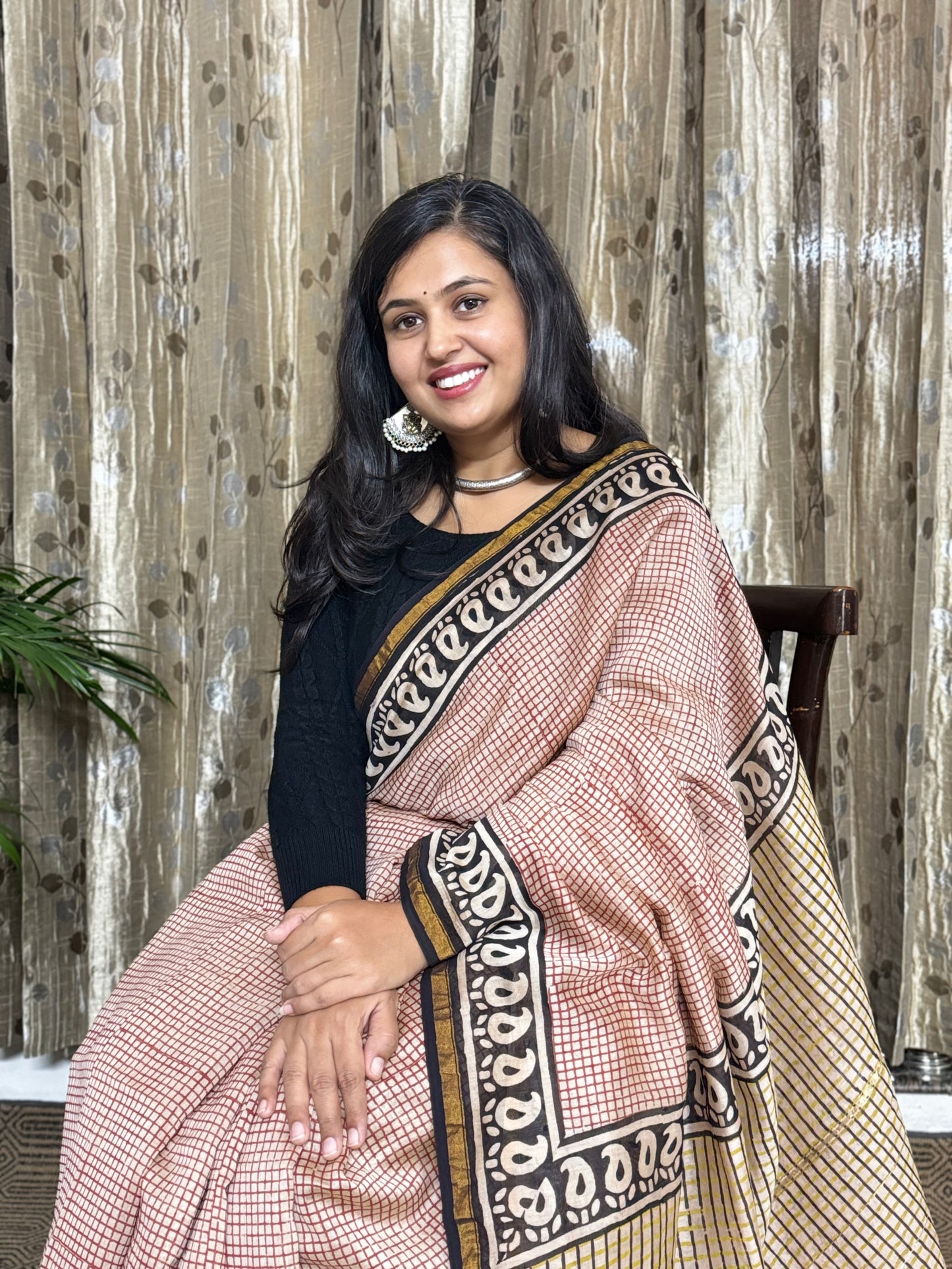 Beige Checked Chanderi Silk Cotton Saree