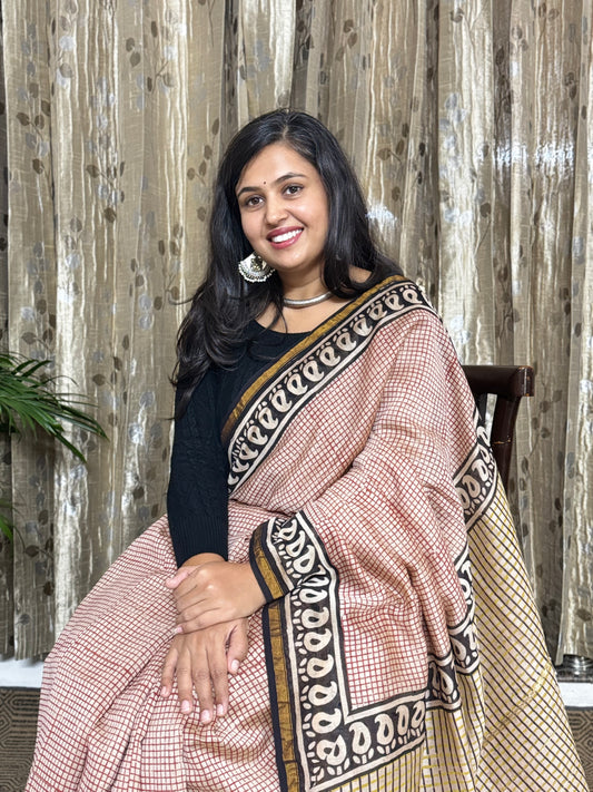 Beige Checked Chanderi Silk Cotton Saree
