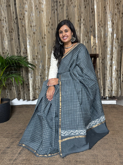 Grey Checked Chanderi Silk Cotton Saree