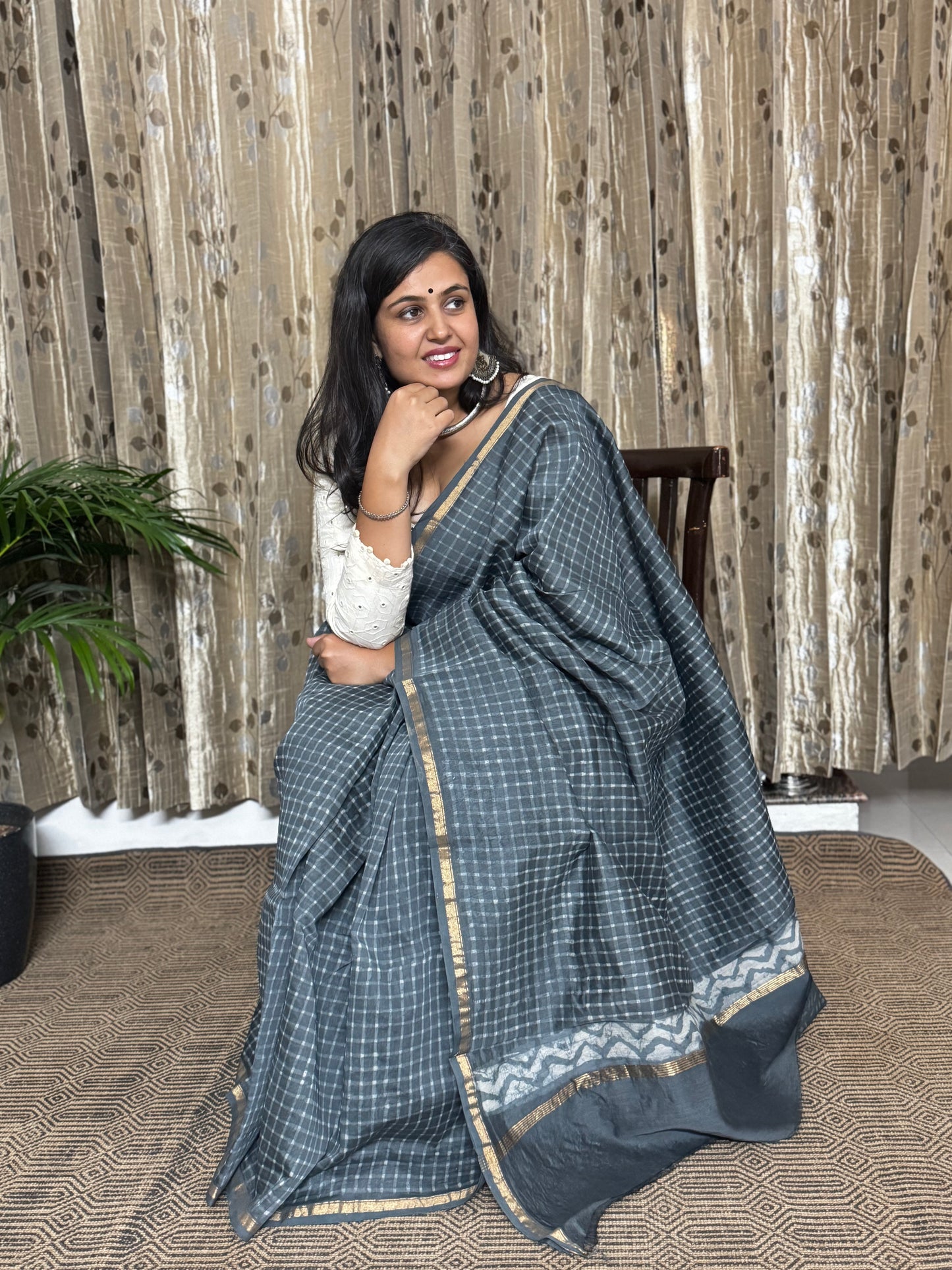 Grey Checked Chanderi Silk Cotton Saree