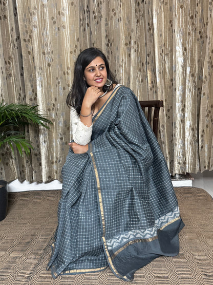 Grey Checked Chanderi Silk Cotton Saree