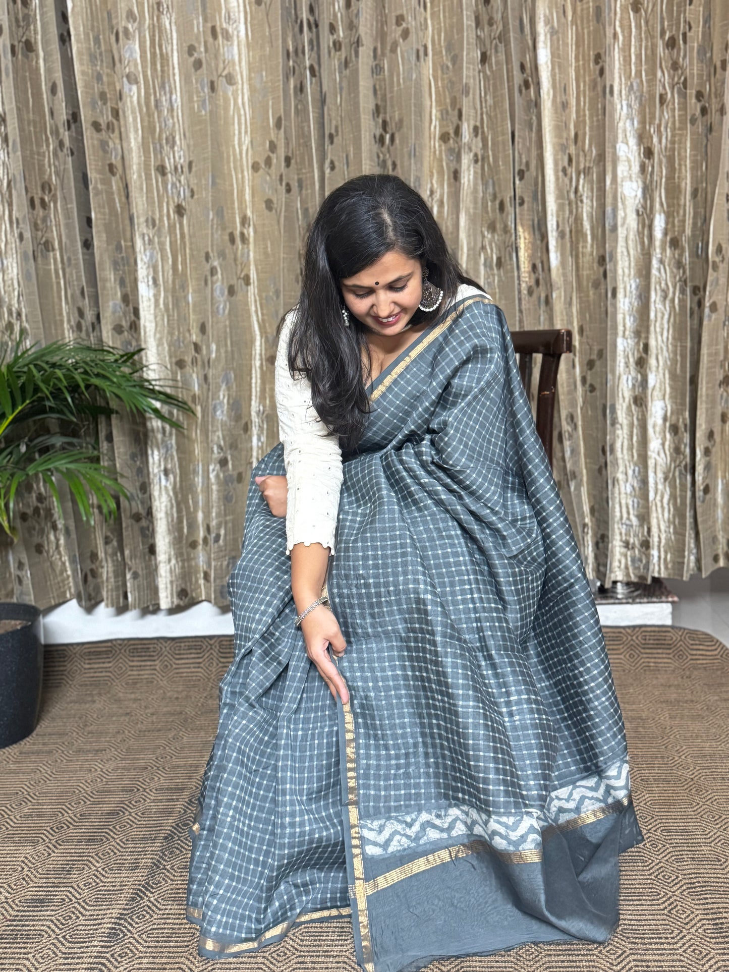 Grey Checked Chanderi Silk Cotton Saree