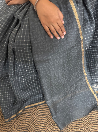 Grey Checked Chanderi Silk Cotton Saree