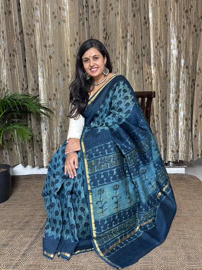 Indigo Chanderi Silk Cotton Saree