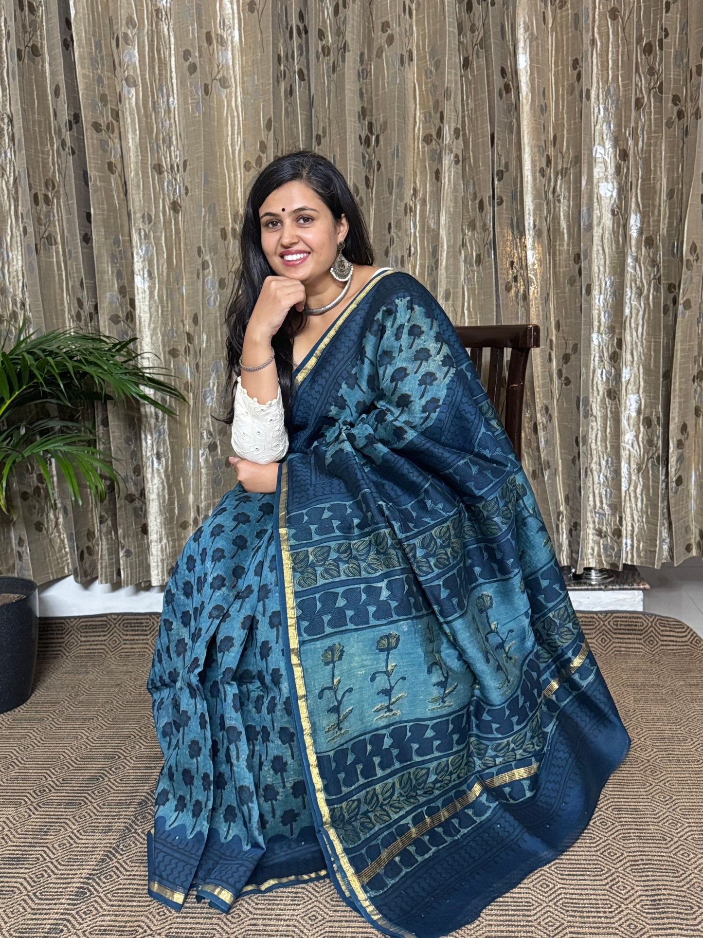 Indigo Chanderi Silk Cotton Saree