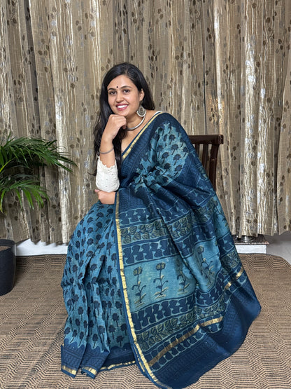 Indigo Chanderi Silk Cotton Saree