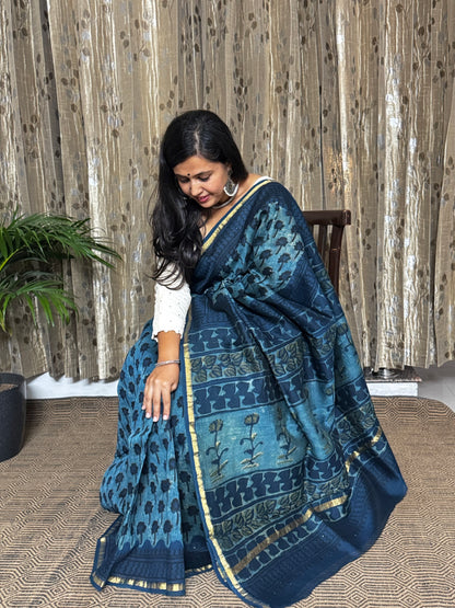 Indigo Chanderi Silk Cotton Saree
