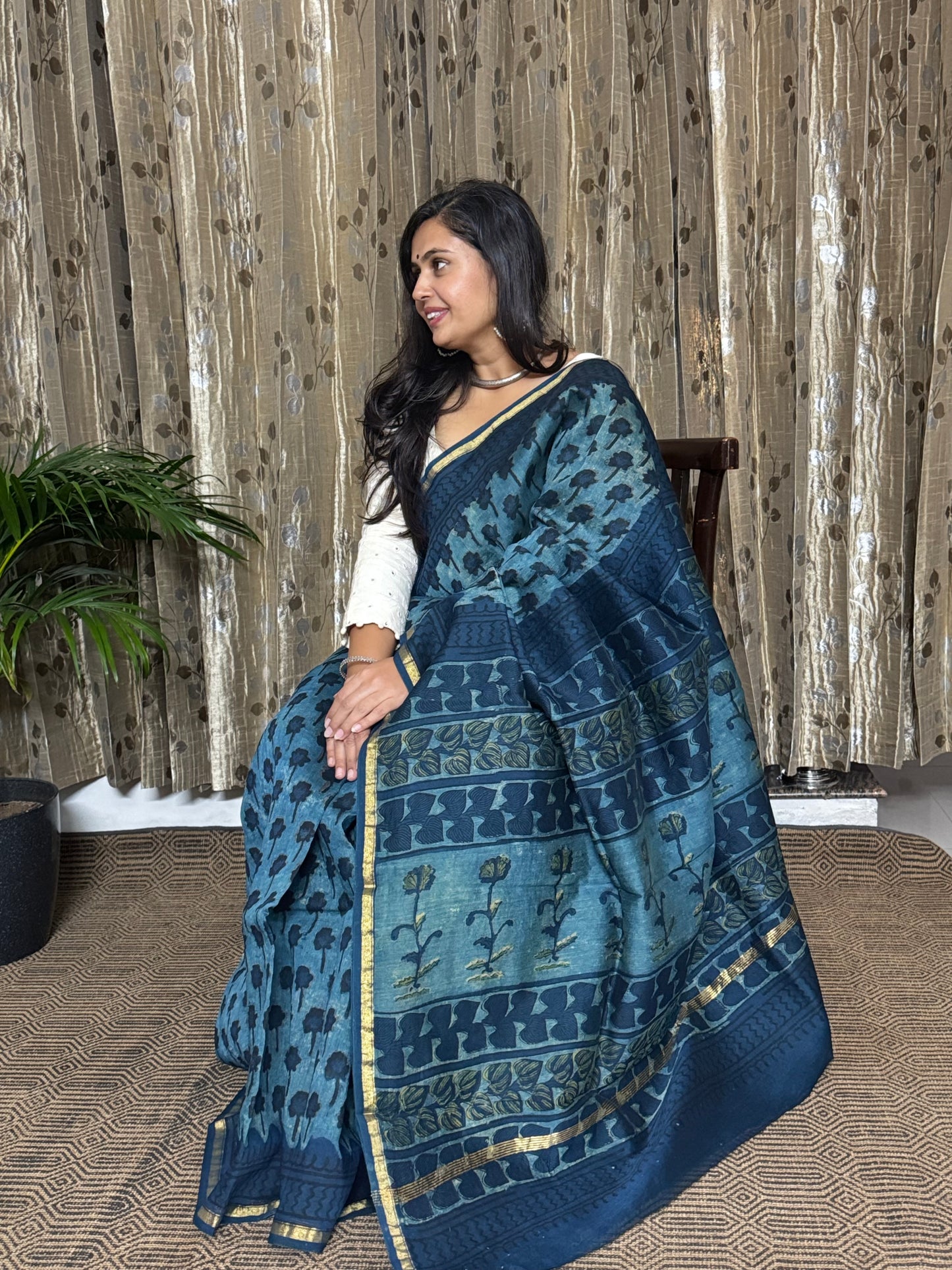 Indigo Chanderi Silk Cotton Saree