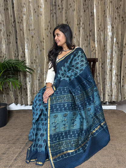 Indigo Chanderi Silk Cotton Saree