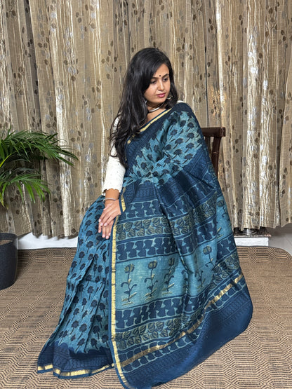 Indigo Chanderi Silk Cotton Saree