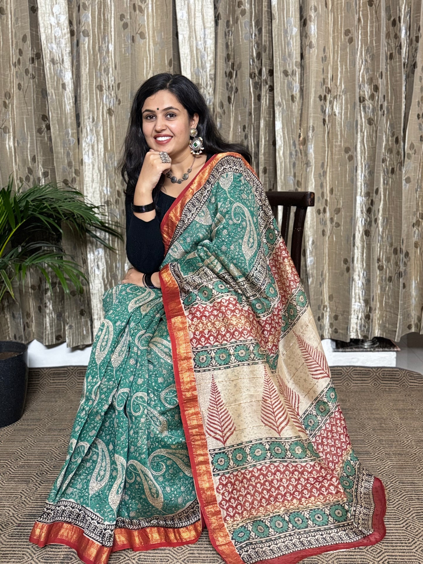 Green Maheshwari Cotton Zari Saree