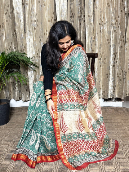 Green Maheshwari Cotton Zari Saree