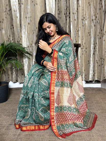 Green Maheshwari Cotton Zari Saree