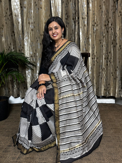Black Checked Maheshwari Cotton Zari Saree