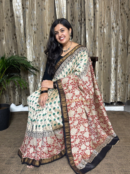 Cream with multicolor Maheshwari Cotton Zari Saree