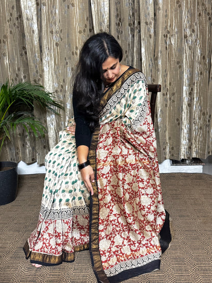 Cream with multicolor Maheshwari Cotton Zari Saree