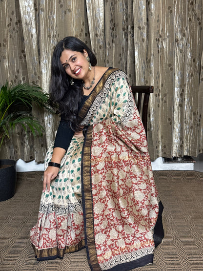 Cream with multicolor Maheshwari Cotton Zari Saree