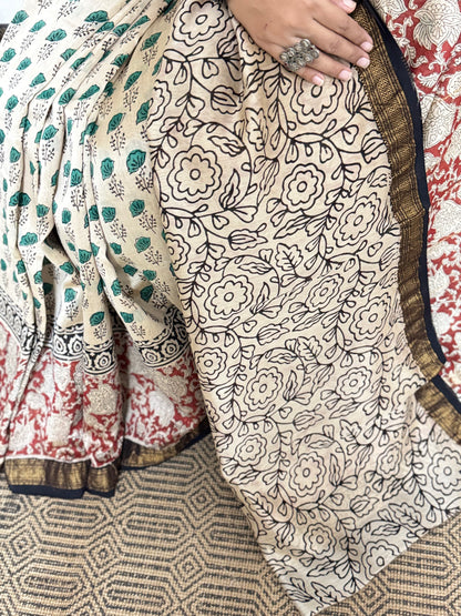 Cream with multicolor Maheshwari Cotton Zari Saree