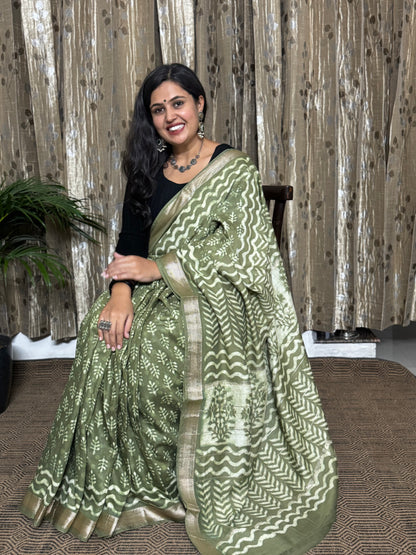 Green Maheshwari Cotton Zari Saree