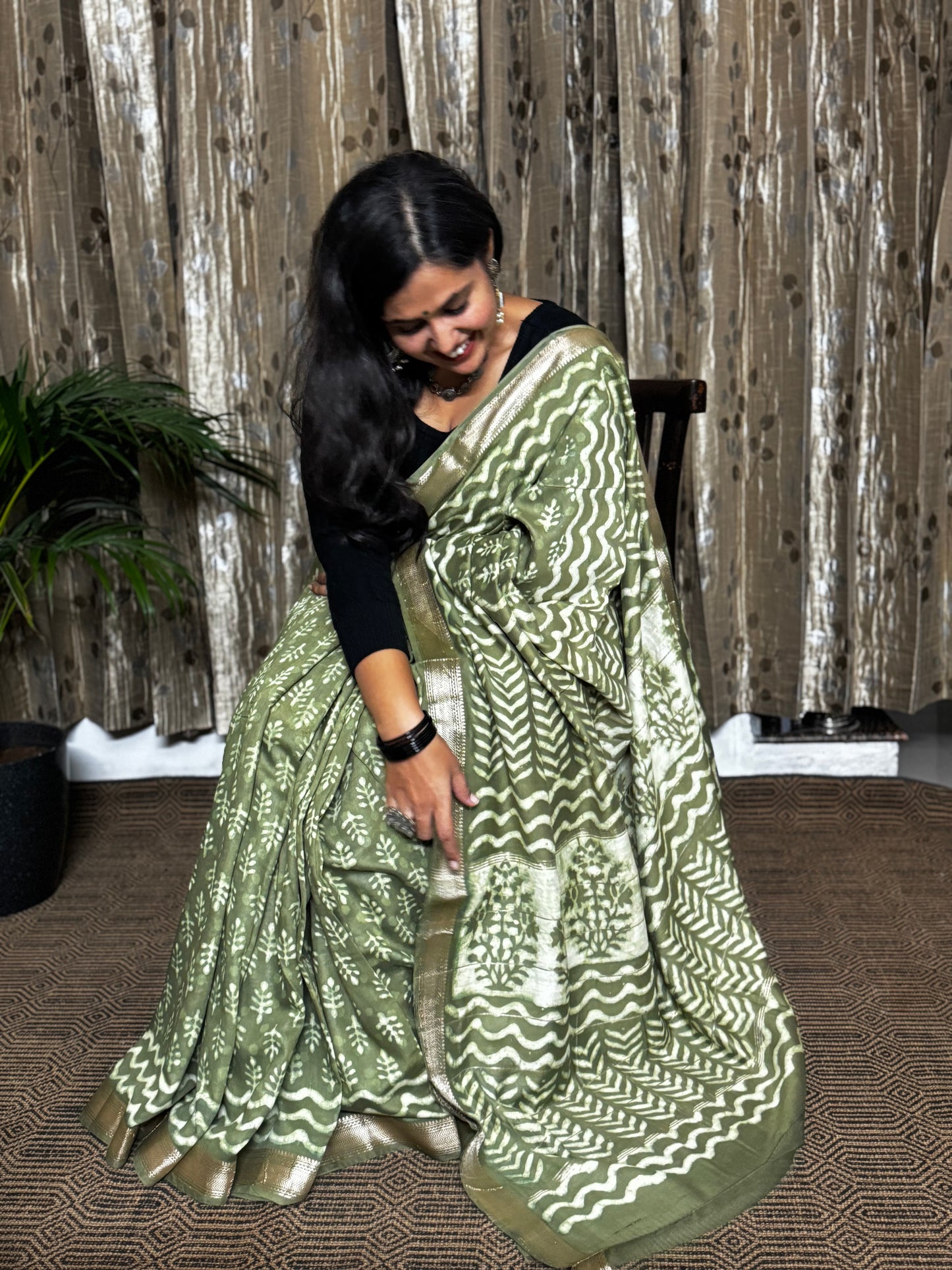 Green Maheshwari Cotton Zari Saree