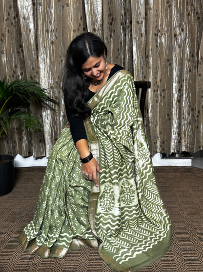 Green Maheshwari Cotton Zari Saree