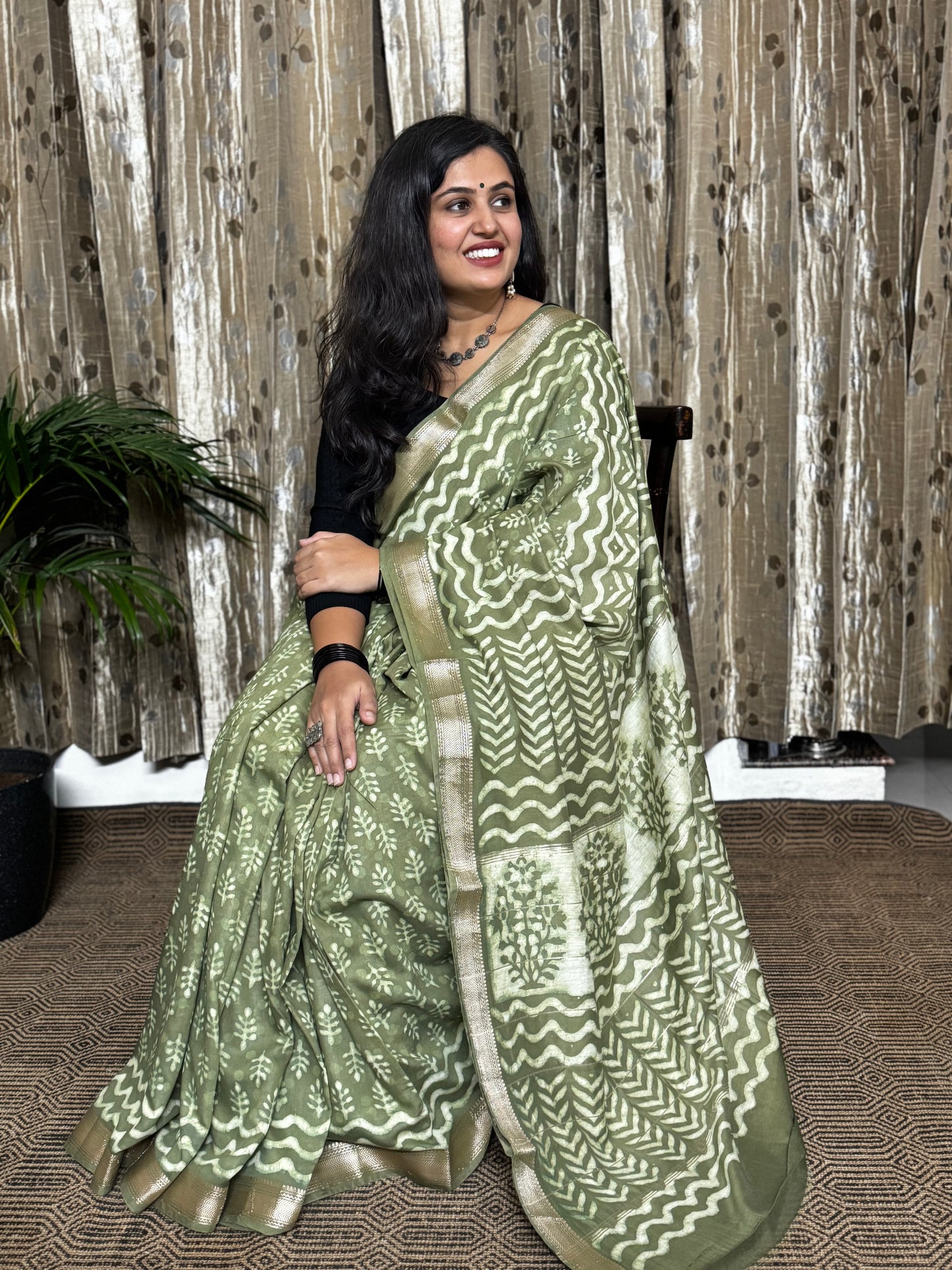 Green Maheshwari Cotton Zari Saree