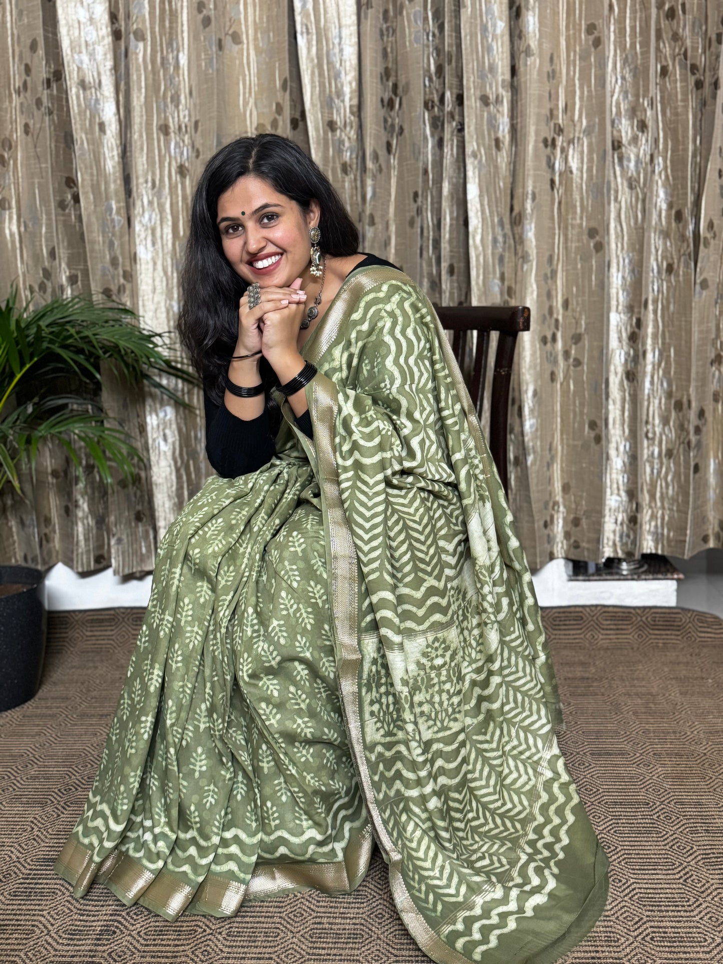 Green Maheshwari Cotton Zari Saree