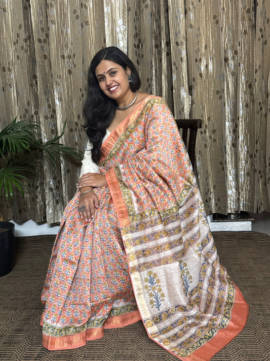 Peach Maheshwari Cotton Zari Saree