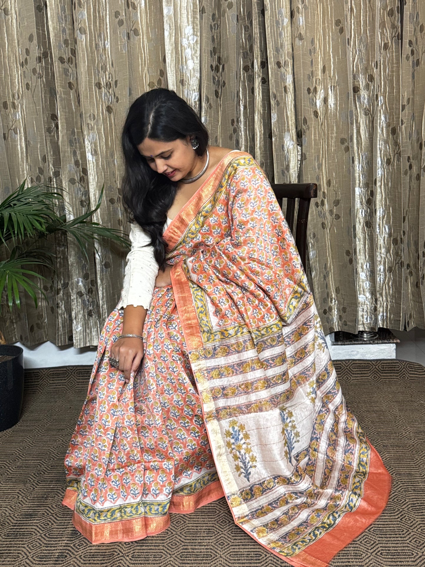 Peach Maheshwari Cotton Zari Saree