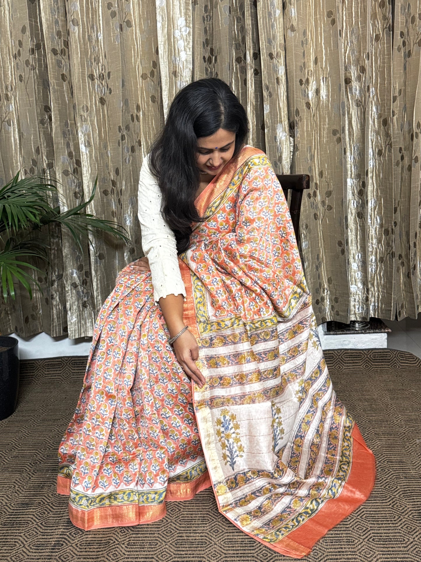 Peach Maheshwari Cotton Zari Saree